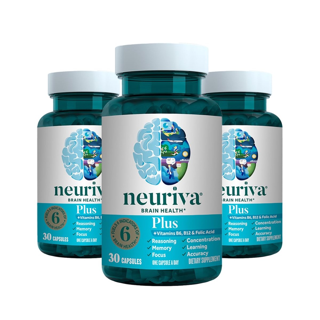 NEURIVA Plus Brain Supplement für Speicher, Fokus & Konzentration + Kognitive Funktion mit klinisch getesteten Nootropics Phosphatidylserin und Neurofactor, VIT B6 & B12, 30 Count Capsules (3 Pack)
