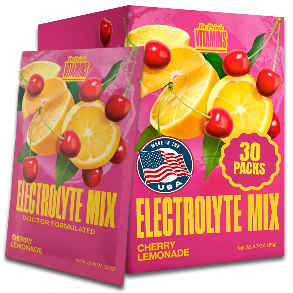 Dr. Price’s Electrolytes Hydration Powder Packets – Cherry Lemonade, 30 Packs | Sugar Free Electrolyte Drink Mix, 72+ Trace Minerals, Manganese | Keto, Vegan, Doctor-Formulated, Made in USA