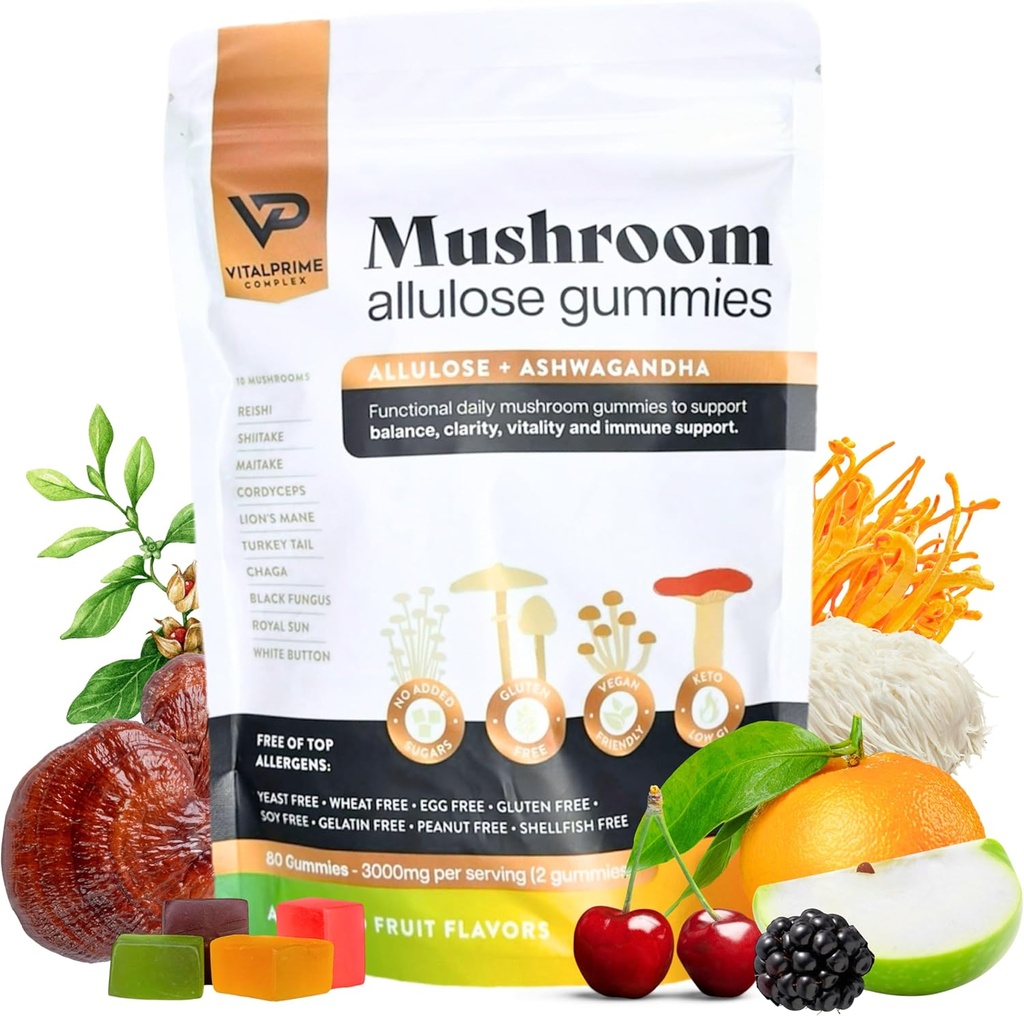 Zuckerfreie Ashwagandha & Pilz-Gummi Ergänzung | 10 Funktionelle Pilze pro Servieren | Immununterstützung, Fokus, Energie | Vegan, Keto, Low Carb, Allulose Sweetener | 80 Gummie, natürliche Aromen