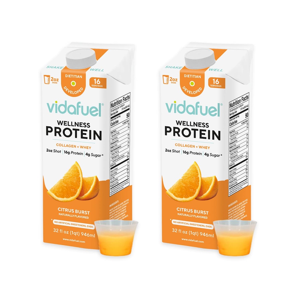 Vidafuel Protein Drink, 16g Protein pro 2oz Shot, 32 fl oz Carton, 2 Pack, Citrus, Collagen und Whey Drink, keine künstlichen Süßungsmittel