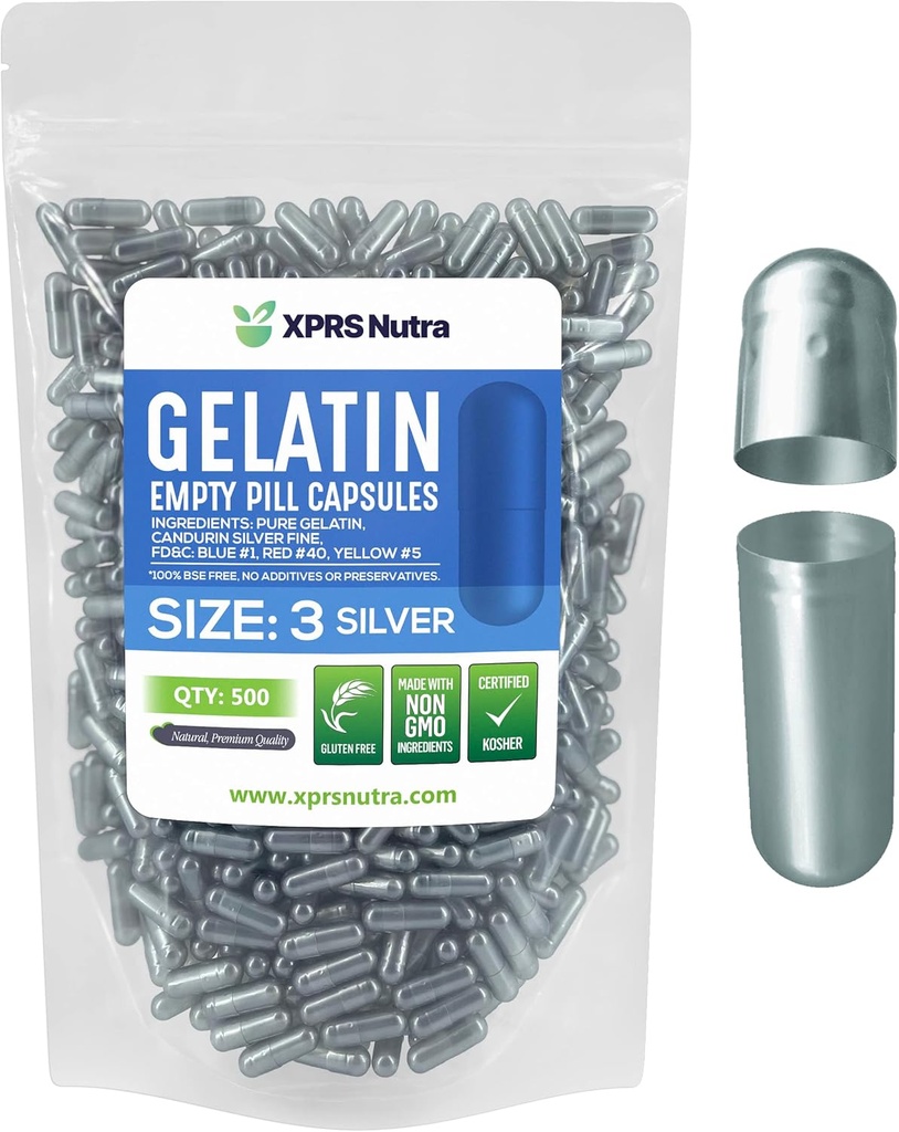 XPRS Nutra Größe 3 Leere Kapseln - 500 Graf Leere Gelatine Kapseln - Pillen DIY Kapsel Füllung - Pure Bovine Pille Gel Kapseln füllbar für Do-It-Yourself Vitamine und Ergänzungen (Silber)