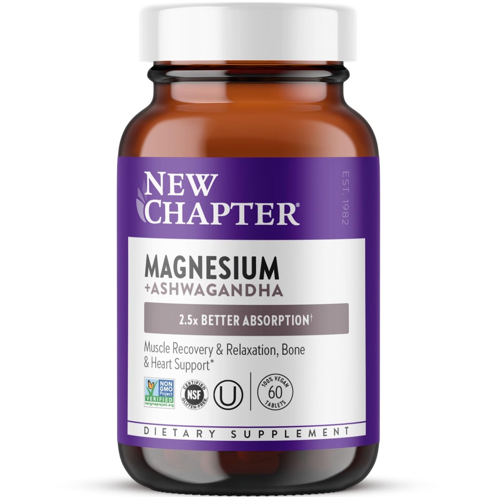 Neue Kapitel Magnesium + Ashwagandha-Ergänzung, 325 mg mit Magnesium Glycinat für Muskelentspannung & Erholung, Herz, Nerve & Knochen Gesundheit, 2.5X Absorption, Non-GMO - 60 ct (2 Monate Versorgung)