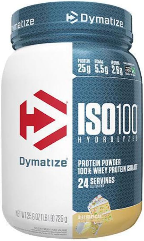 Dymatize ISO 100 Whey Protein Pulver mit 25g hydrolysiertem 100% Whey Isolate, Glutenfrei, schnelles Digesting, Geburtstagskuchen, 1,6 Pfund
