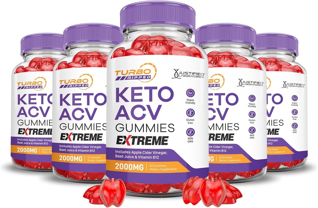 (5 Pack) Turbo Ripped Keto ACV Gummies Extreme 2000MG Turbo Ripped Keto Gummies Apfel Apfelessig Formuliert mit Granatapfelsaft Pulver B12 Vegan Non GMO 300 Gummys