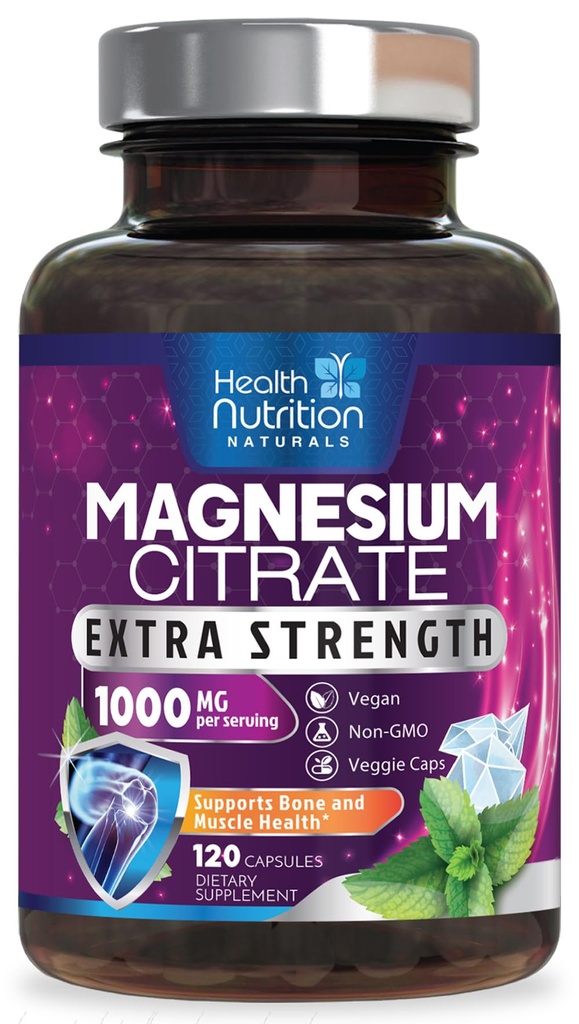 Magnesium Citrat Kapseln 1000mg - Max Absorptionspulver Magnesium für Muskel, Nerve, Knochen und Herz-Gesundheit Unterstützung, hohe Absorption Citrat-Komplex, Glutenfrei, Non-GMO - 120 Kapseln