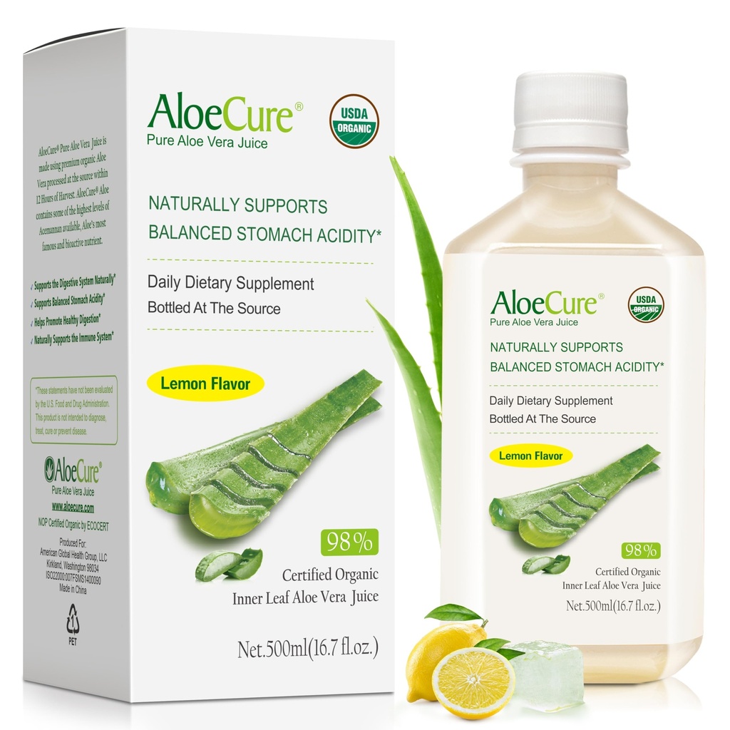 AloeCure USDA Organic Aloe Vera Juice Lemon Flavor - Hergestellt innerhalb von 12 Stunden Ernte - Natürliche Verdauungsergänzung für Balanced Stomach Acidity - Unterstützung Verdauungs- und Immungesundheit - 1 Btl x 16.7oz
