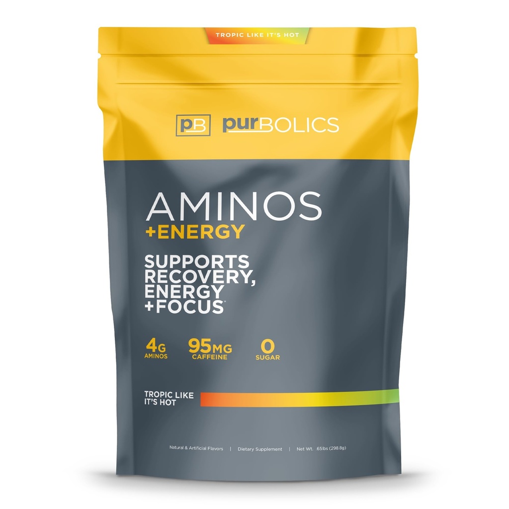Purbolics Aminos + Energy | Unterstützt Erholung, Energie & Fokus | 95mg Koffein, 0 Zucker & 60 Servierungen (Tropisch wie es heiß ist)
