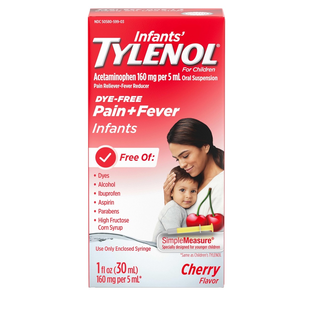 Infants' Tylenol Oral Suspension Liquid Medicine mit Acetaminophen, Baby Fever Reducer & Pain Reliever für Minor Aches & Pains, Sore Throat, Kopfschmerzen & Zähne Schmerzen, Dye-Free Cherry, 1 fl. oz