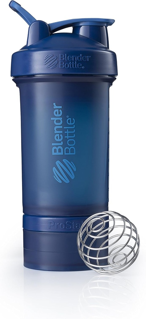 BlenderBottle Shaker Bottle mit Pill Organizer und Storage für Protein Powder ProStak System, 22-Ounce, Navy