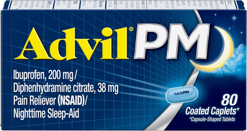 Advil PM Schmerzlinderung und Nacht Schlafhilfe, Schmerzmedizin mit Ibuprofen für Schmerzlinderung und Diphenhydramin Citrat für eine Schlafhilfe - 80 Count (Pack mit 2)