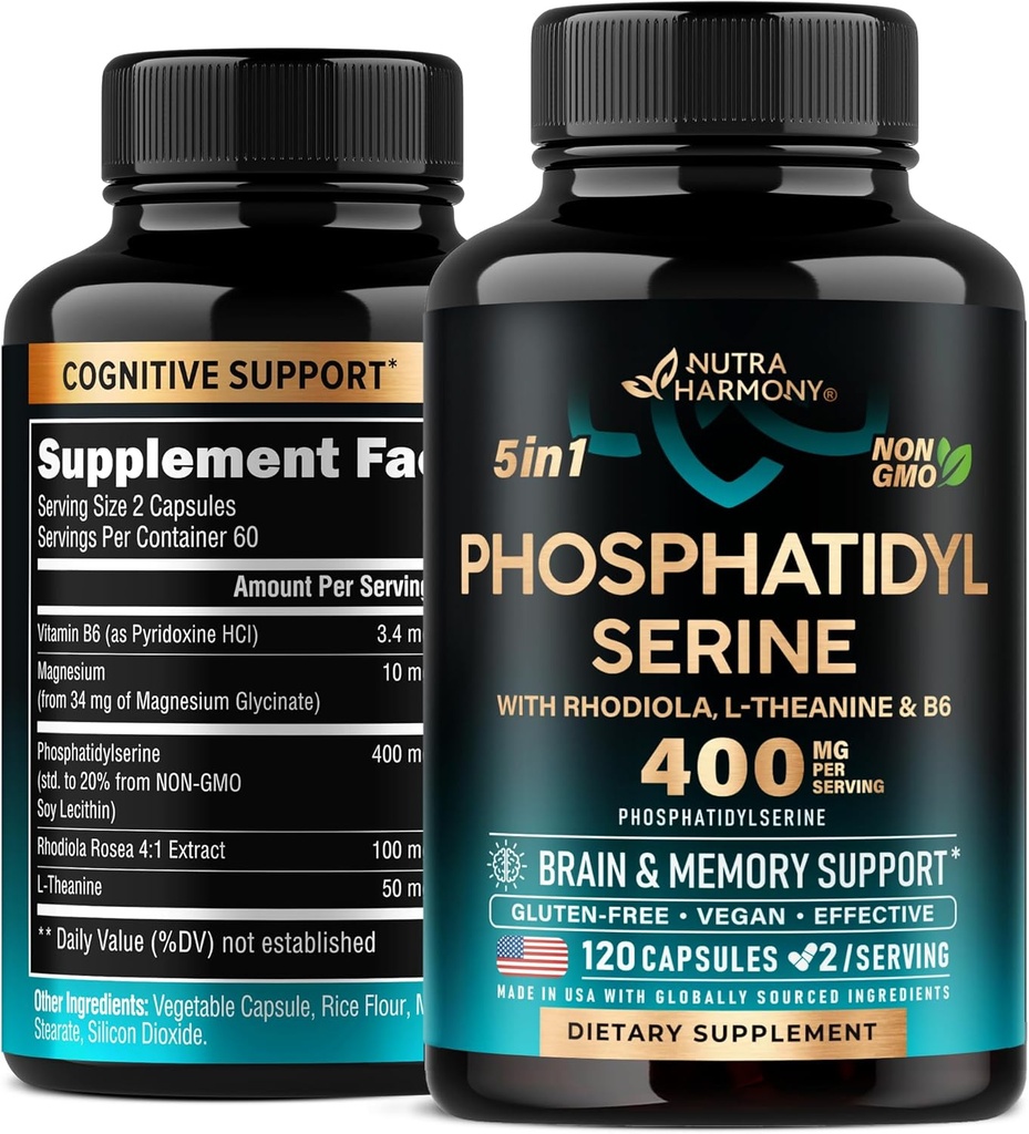 Phosphatidylserine 400 mg mit L-Theanin, Magnesium & Vitamin B6, Rhodiola Rosea - Gehirn, Memory & Focus Support - Certified Non-GMO, Naturally Derived & Bioavailable - Made in USA - 120 Сapsules