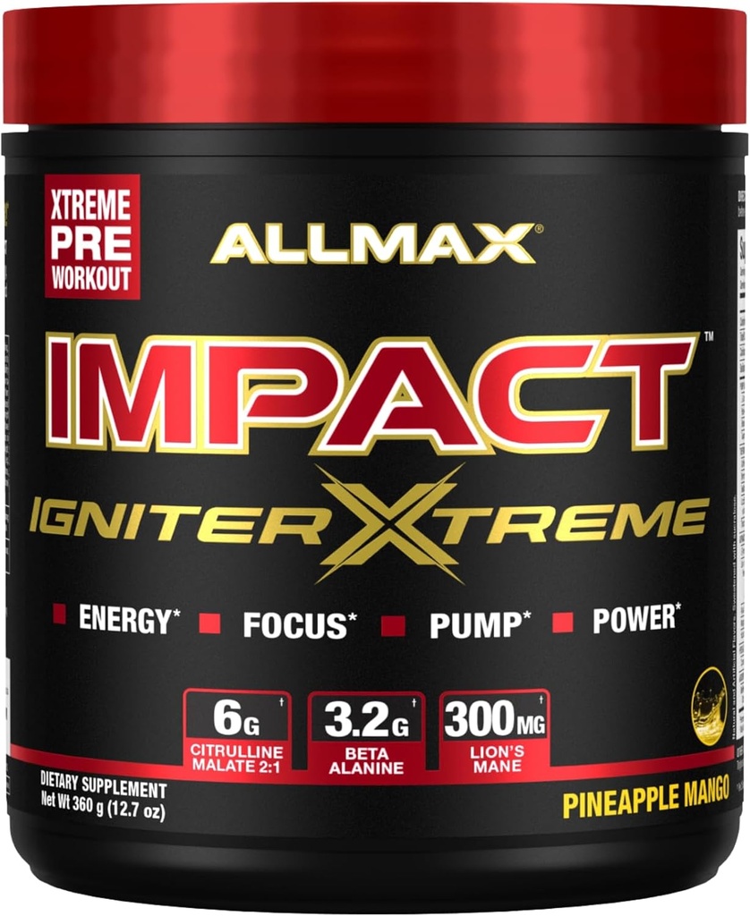 ALLMAX Nutrition - Impact Igniter Extreme Pre Workout Powder - mit Citrulline Malate, Beta - Alanine, Koffein, Taurine und, Betaine wasserfreie (Pineapple Mango)
