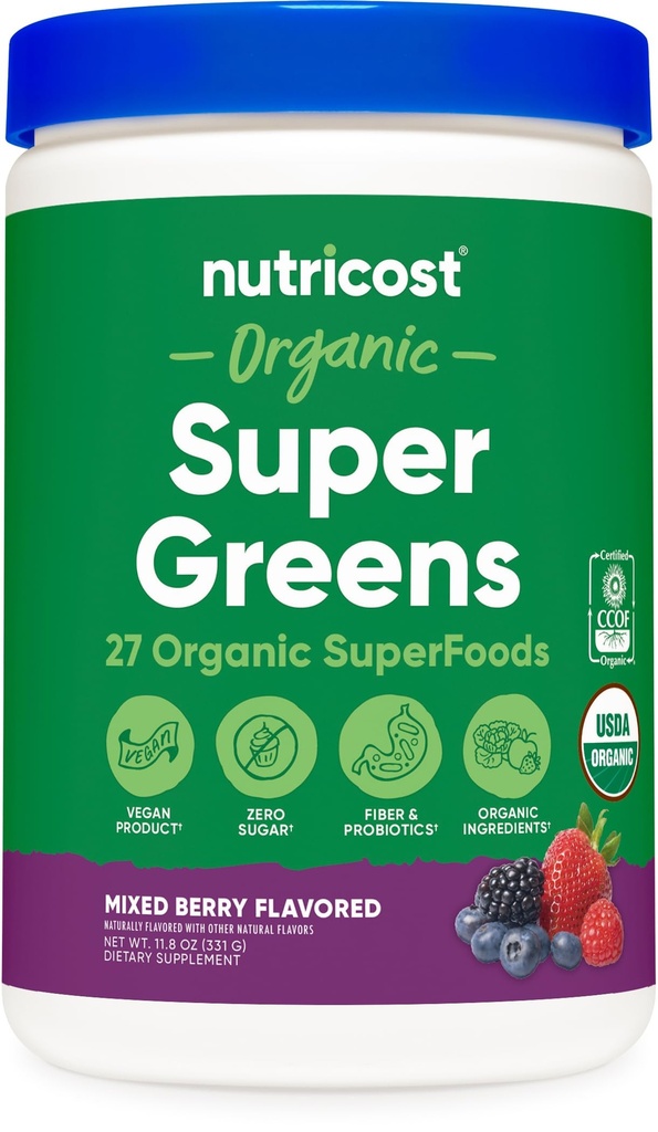 Nutricost Organic Super Greens Powder (30 Servings) Mixed Berry Flavor - Superfood Supplement Drink Mix