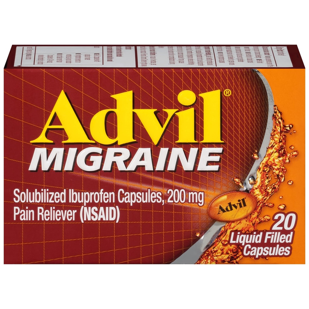 Advil Migraine Kopfschmerzen Relief, Ibuprofen Kapseln mit Ibuprofen 200mg für Migraine Relief, Übelkeit Relief und Lichtempfindlichkeit Relief - 20 flüssige gefüllte Kapseln