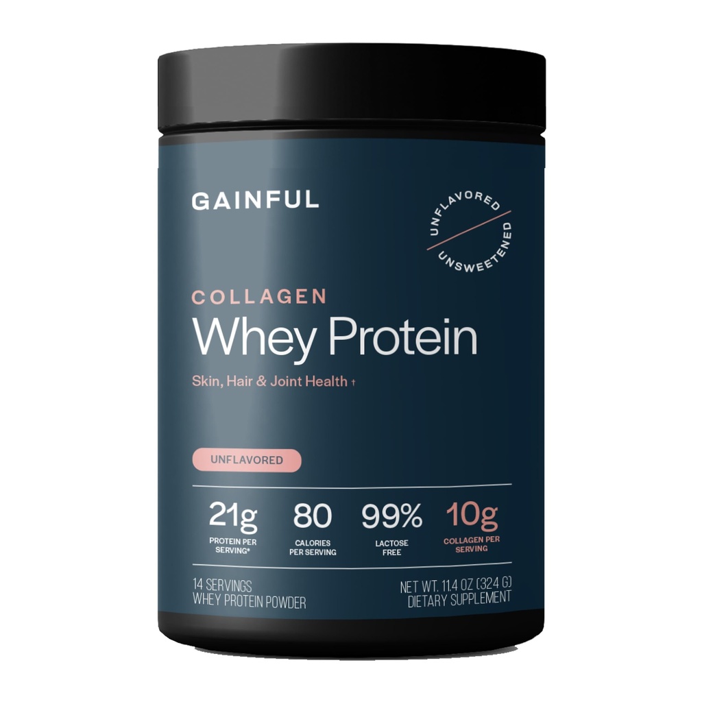 Gainful Collagen Whey Protein Powder, 21g Protein per Servieren, Unflavored, Unterstützt Muskelrückgewinnung, Gelenkgesundheit und Hautpflege mit Grass-Fed Collagen Peptides, Vitamin C, 14 Servierungen