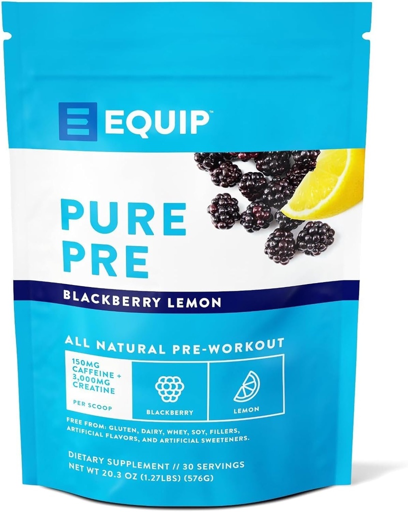 Equip Foods Pure Pre All Natural Pre-Workout Pulver | Grüner Tee Koffein, Meersalz, EAA, Vitamin C, B6, B12, L-Carnitin, Agnine | Natürlich steigert Workouts | 30 Servierungen, BlackBerry Lemon Koffeiniert