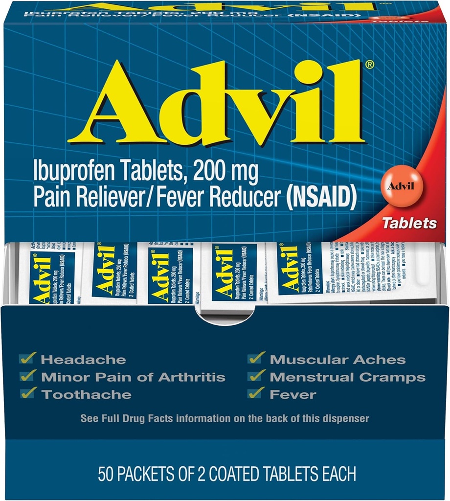 Advil Ibuprofen, 200mg, 50 Packungen mit 2 beschichteten Tabletten (Pack mit 5)