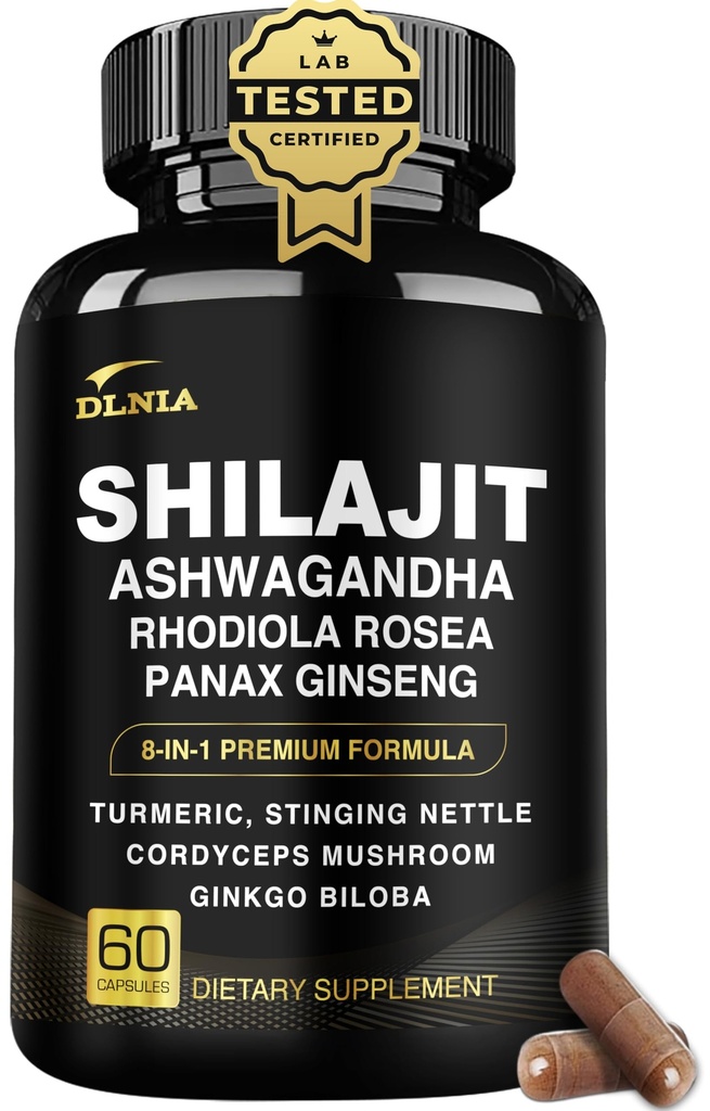 8-in-1 Shilajit für Männer und Frauen mit Ashwaganda Himalayan Organic Supplement mit Rhodiola Rosea, Ginseng, Turmeric, Mushroom, für Immununterstützung, Energie, ruhig, Fokus, Klarheit, Schlaf, Cortisol