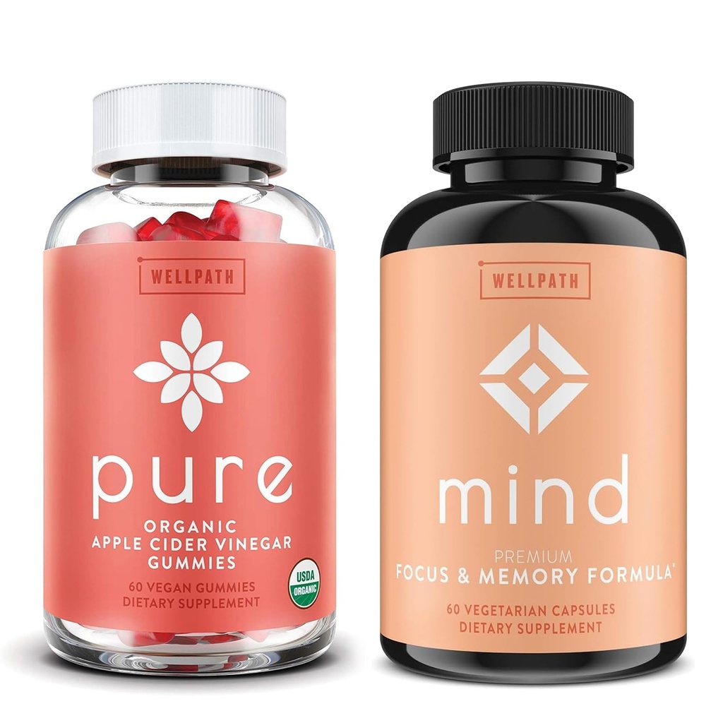 WellPath Pure Apple Cider Essig mit Mutter Gummies & Mind Brain Supplement mit Lion's Mane - unterstützt Fokus & Gedächtnis, 60 Ct Jeder