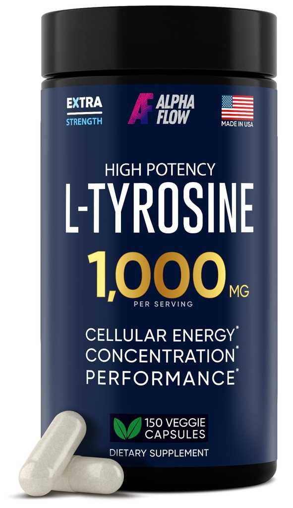 Alpha Flow L Tyrosine 1000MG Kapseln - All-Natural L- Tyrosin Ergänzung für Fokus & Energie Boost - Non-GMO & Gluten-Free - Vegan 150 Caps -500mg x 2 pro Servieren