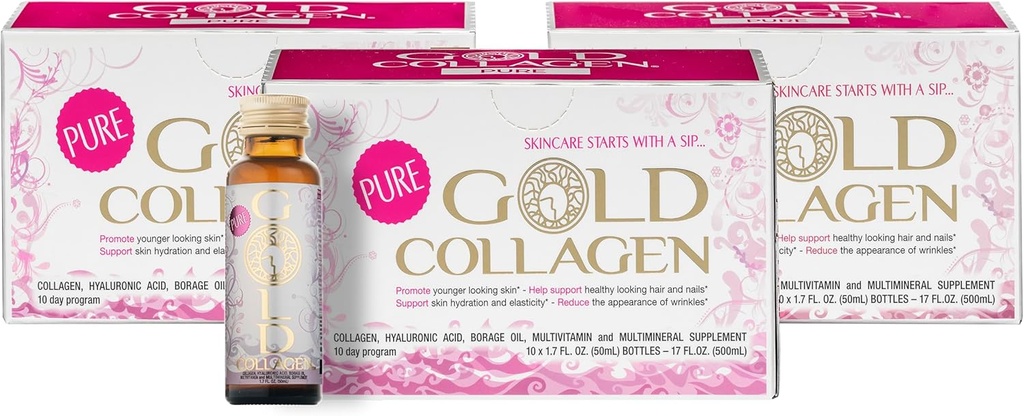 GOLD COLLAGEN Pure - Collagen Supplements für Damen und Herren mit Biotin für Haarwachstum, Haut und Nagel - Anti-Falten Immunsystem Booster mit Hyaluronsäure, Vitamin C, B6 und Zink, 3 Pack 10x50 ml