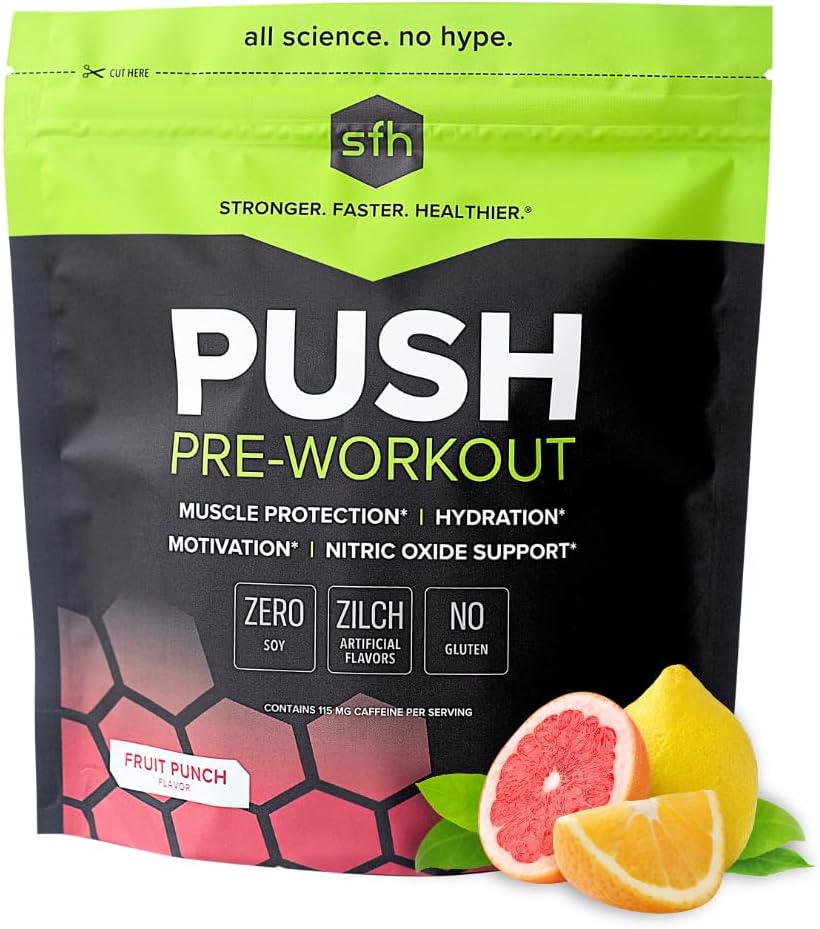 SFH Push Pre-Workout Pulver (Fruit Punch) BCAAs für Muskelreparatur | Elektrolyte | Nicht-Dairy, keine künstlichen Geschmacksrichtungen, Farben, Zucker, Soja, Gluten, oder GVO (Bag)