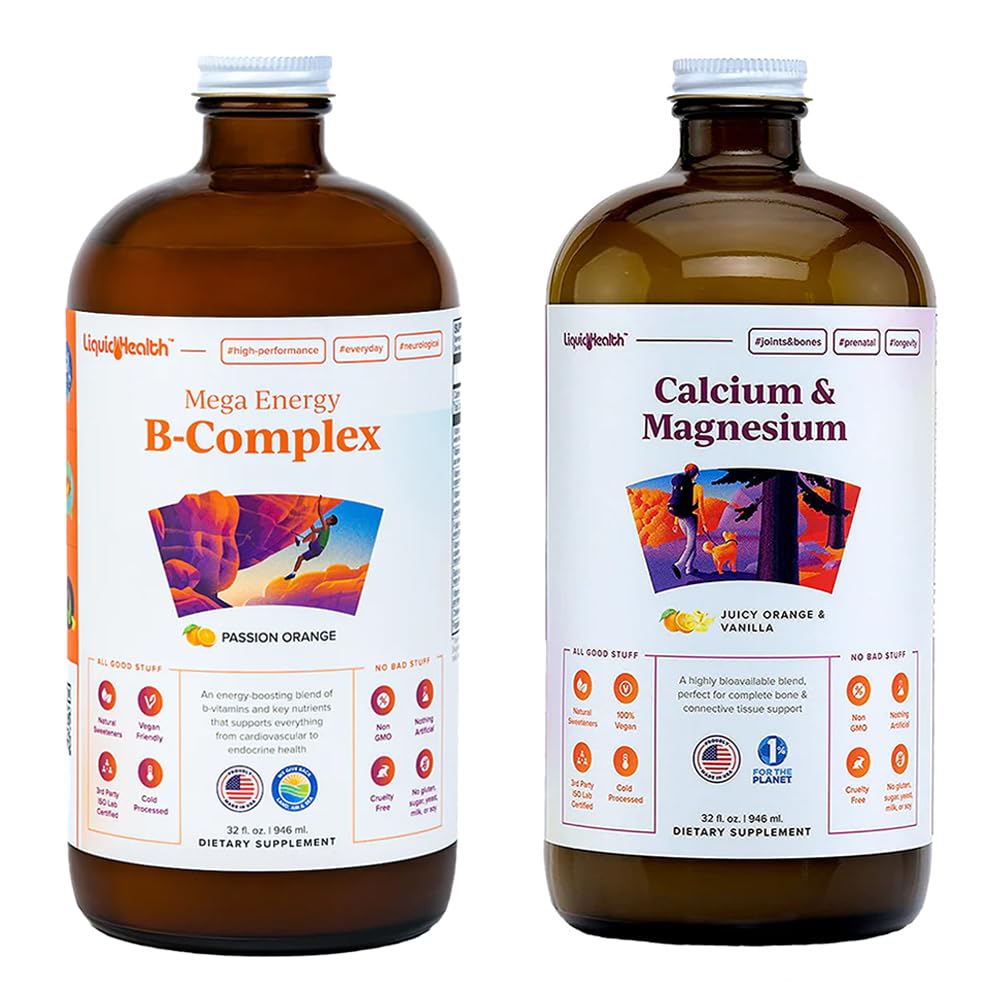 LIQUIDHEALTH Mega Energy B-Complex & Calcium und Magnesium Liquid Vitamin Bundle für Erwachsene - Erhöhung der natürlichen Energie, Unterstützung Knochen & Gelenke Gesundheit, Boost Immune System - Vegan, Non-GMO, USA Made