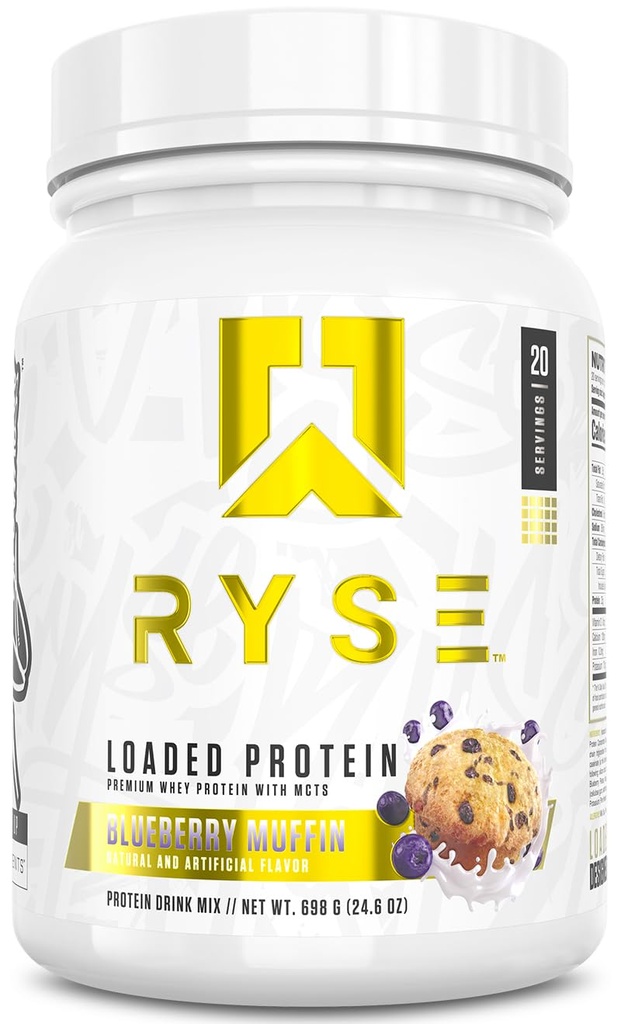 RYSE Loaded Protein Powder - Blueberry Muffin - 25g Whey Protein Isolate & Konzentrat mit Prebiotic Fiber & MCT - Low Carb, Low Sugar, Digestive-Friendly - 20 Portionen / 1,5 lb Tub