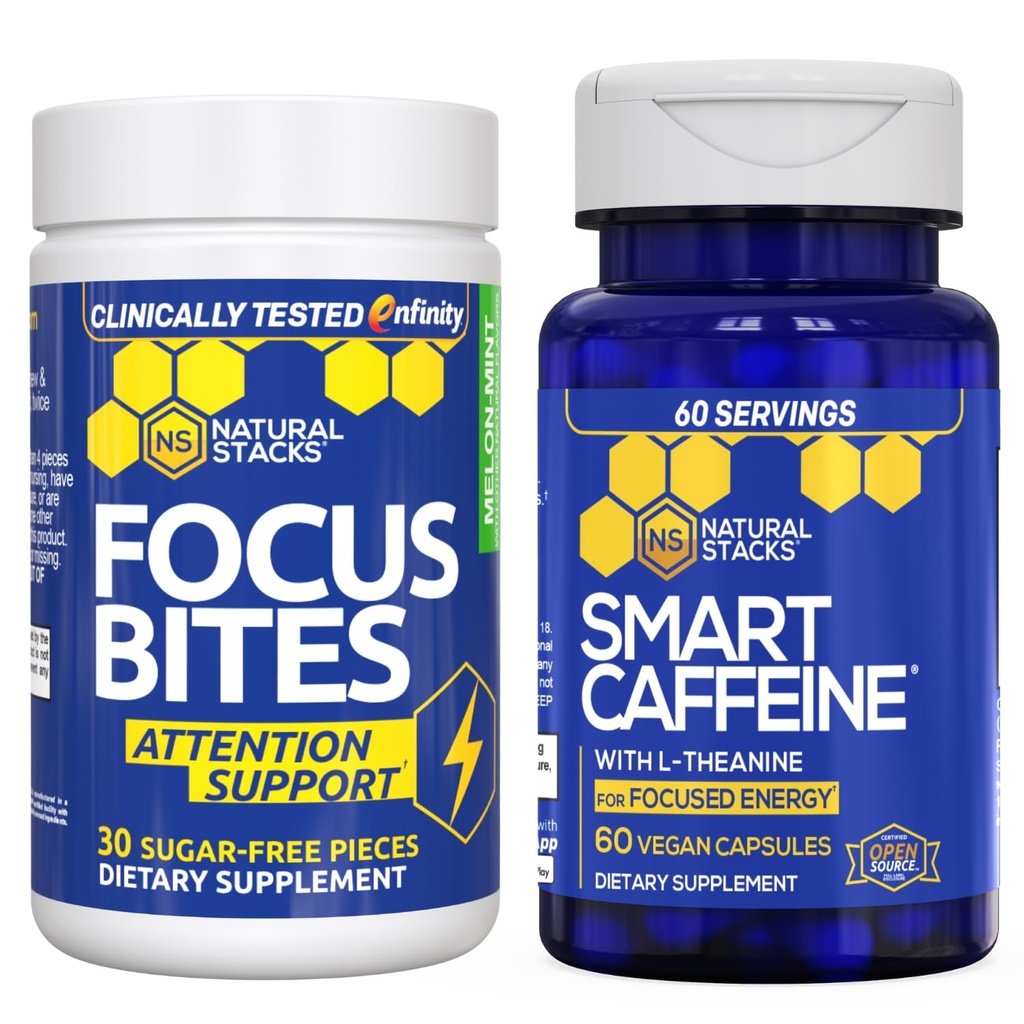 NATURAL STACKS Smart Caffeine + Focus Bites Bundle - Koffein & Paraxanthine Ergänzungen - Unterstützt Energie & Fokus* - No Jitters oder Crash - 90 Stück