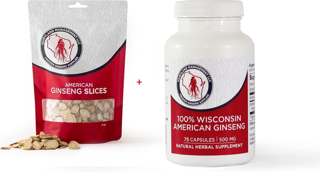 Dairyland American Ginseng Slices 4 oz und Capsules 75 ct Pack von Wisconsin Ginseng – Direkt von Farmer zu Consumer 😉