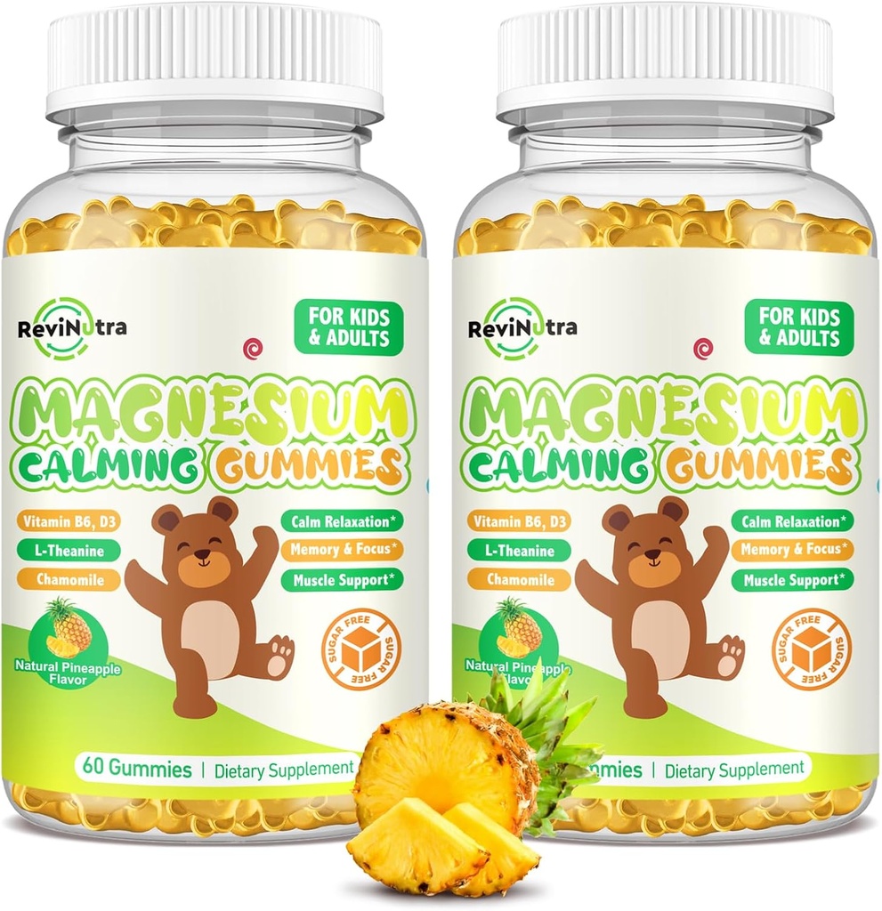 Magnesiumgummis für Kinder - Magnesium Glycinate Gummies Supplement mit L-Theanin, Vitamin B6, D3 für Erwachsene & Kinder, ruhiges Magnesium für Schlaf, Entspannung, Gehirn,Bones,Sugar Free Ananas 120ct