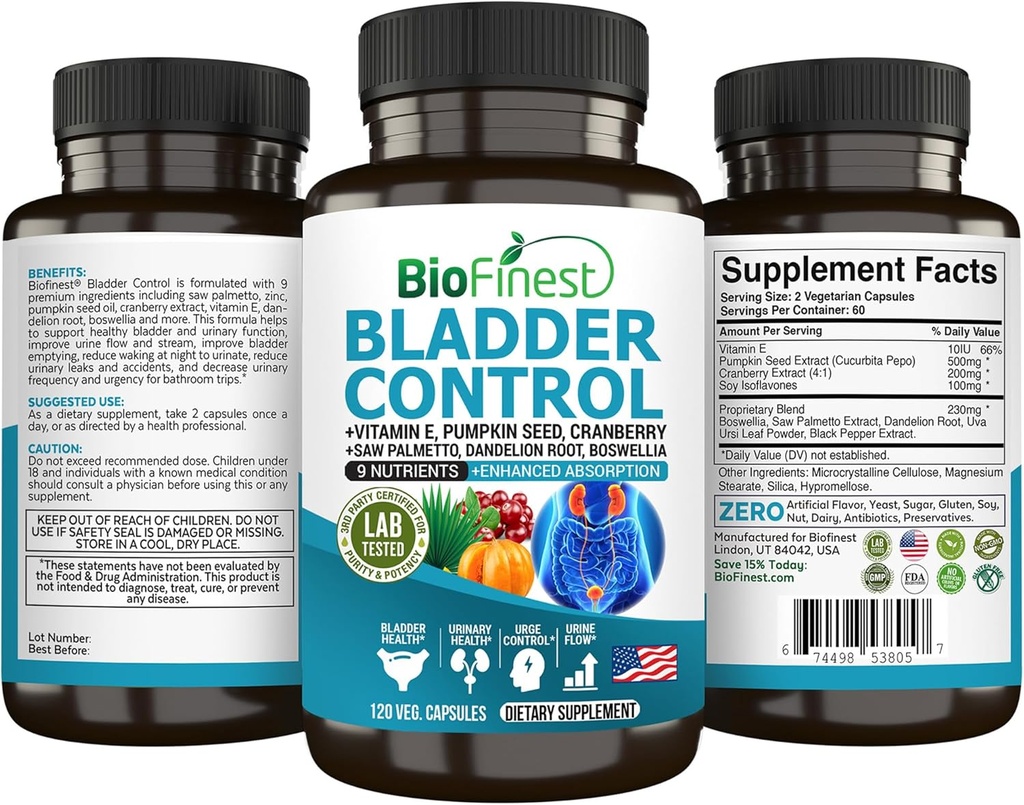 BioFinest Bladder Control Supplement für Männer und Frauen - 120 Veg. Kapseln - Sägen Palmetto, Cranberry, Kürbis Seed, Vitamin E, Boswellia, Dandelion Root - Urinary Tract Bladder Health - Made in USA