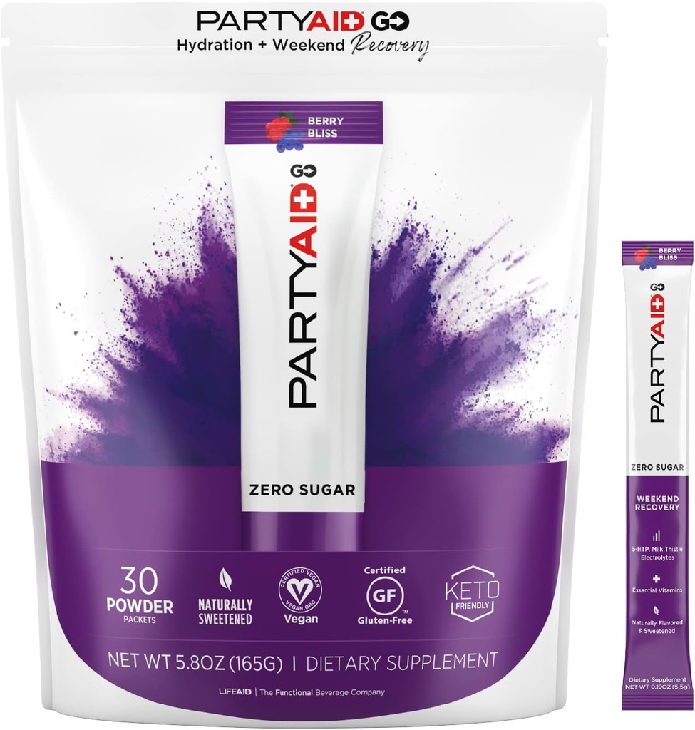 PARTYAID GO Spüren Sie Gute Nacht und morgen, Zero Sugar, 5-HTP, B-Komplex, Milchdistel, Elektrolyte, keine künstlichen Geschmacksrichtungen oder Süßungsmittel, Koffeinfrei, 30 Count (Pack von 1)