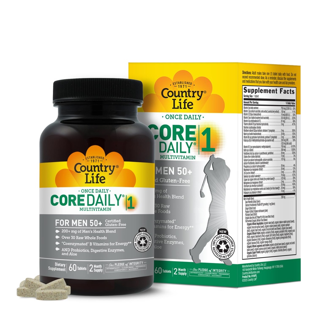 Country Life CORE Daily-1 Multivitamin für Herren 50+ - Glutenfrei, Energieunterstützung mit Coenzymierten B Vitaminen, Probiotika, Ganzes Essen und Verdauungsenzyme, Certified Gluten Free, 60 Tabletten