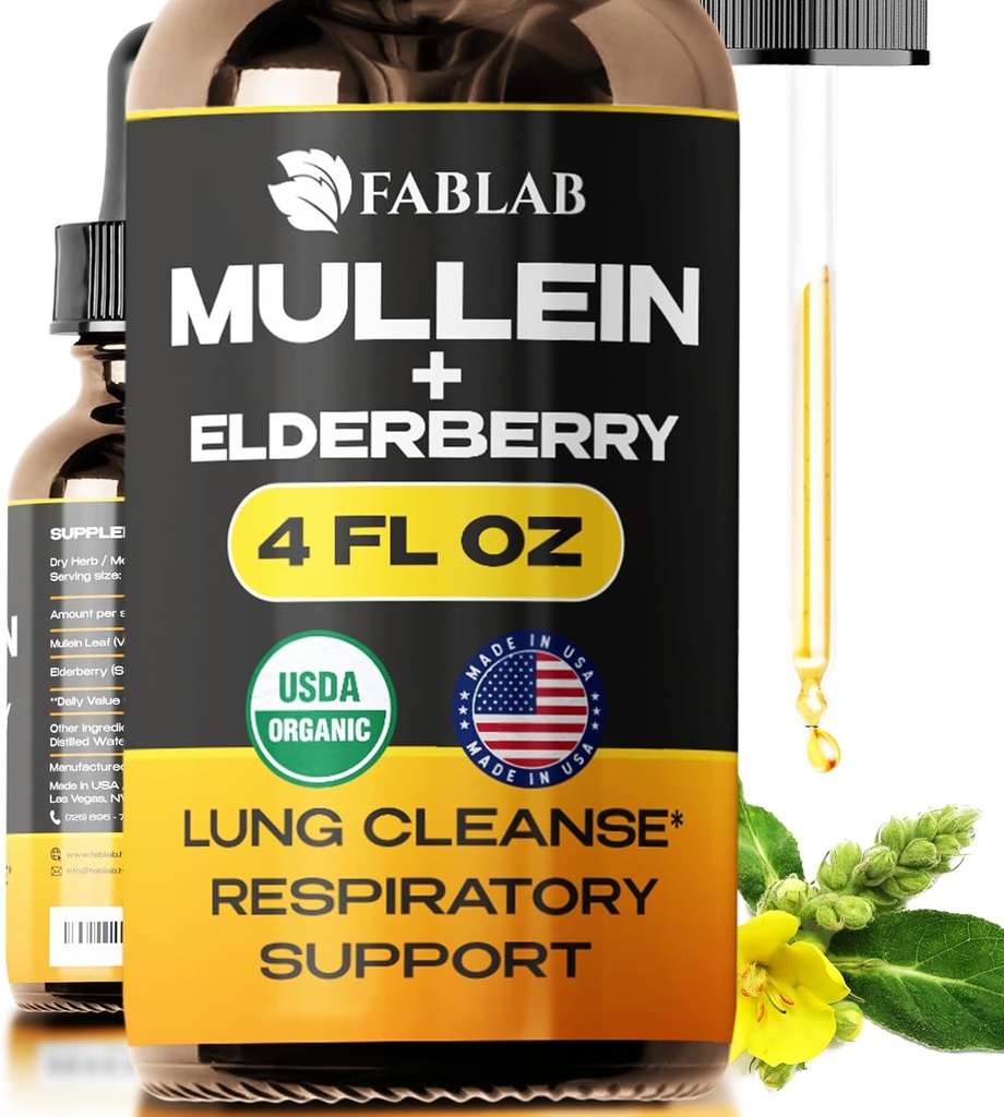 FabLab Mullein Blatt Extrakt mit Elderberry 4 Fl Oz - Made in USA - Tropfen für bessere Lung - Mullein Tincture für Lung Detox - Bronchial Cleanse für Raucher - Respiratorische Kräuterergänzung