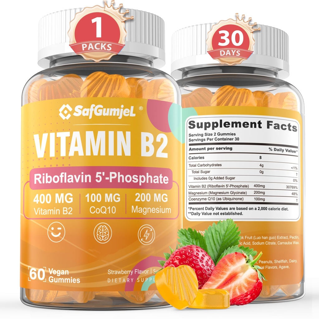 Vitamin B2 Gummies | Riboflavin 400mg mit Magnesium & CoQ10 für Migraine Relief & Kopfschmerzen Relief | Zuckerfrei, Vegan, Erdbeeren Geschmack, 60 Graf
