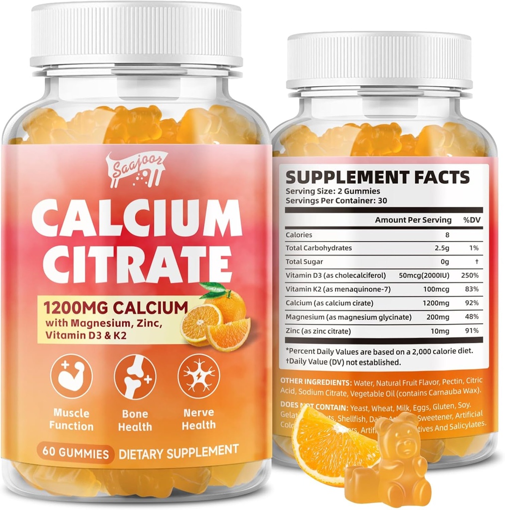 Calcium Citrate Gummies 1200 mg mit Vitamin D3, K2, Magnesium, Zink, Knochen Unterstützung für Knochen, Muskeln & Gelenke, Immunität & Gedächtnis Unterstützung, 60 Zähler
