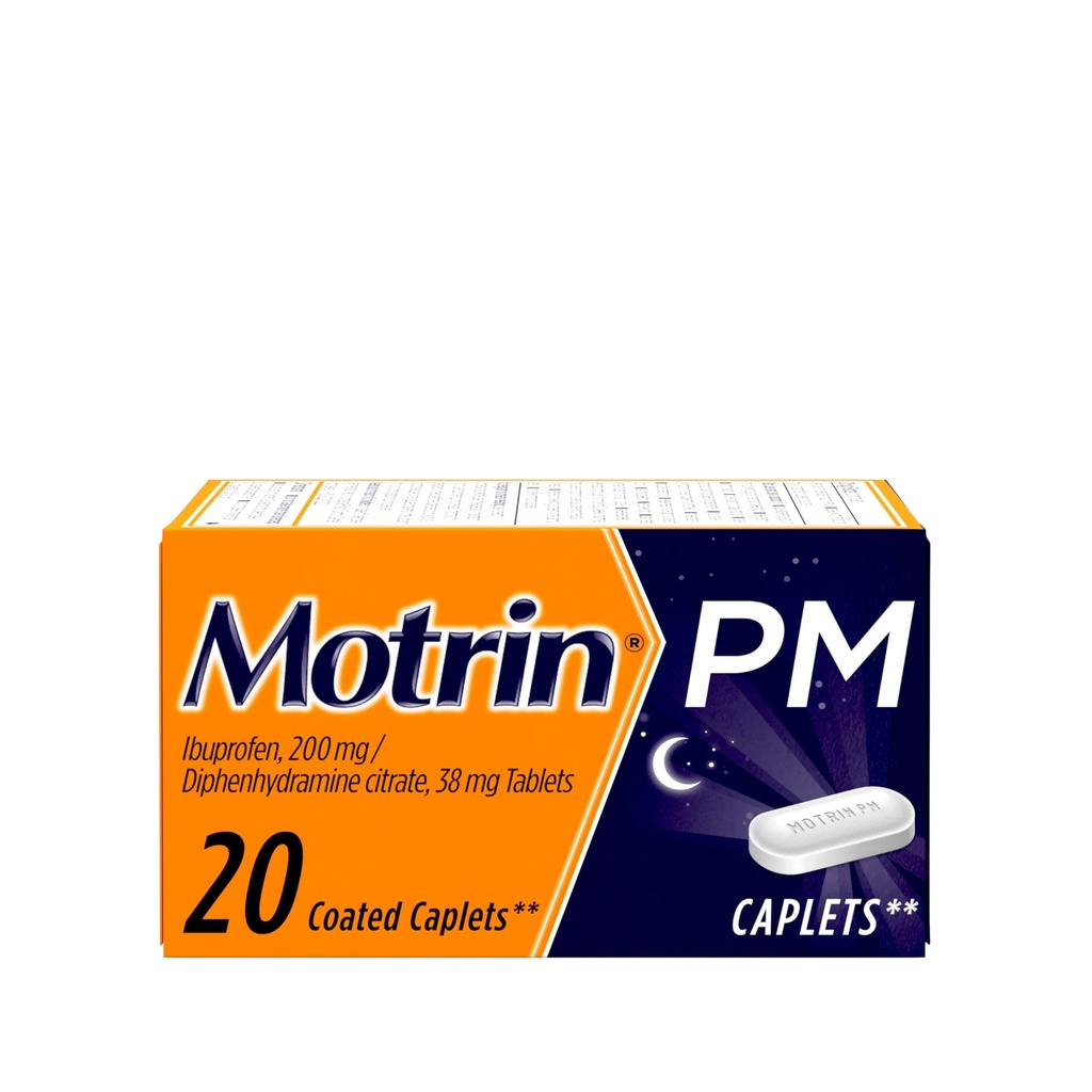 Motrin PM Schmerzlinderung Caplets mit 200 mg Ibuprofen & 38 mg Diphenhydramin Schlafhilfe, Nacht Schmerzlinderung für Minor Aches & Pains Hilft Ihnen zu schlafen & Bleiben schlafen, 20 ct