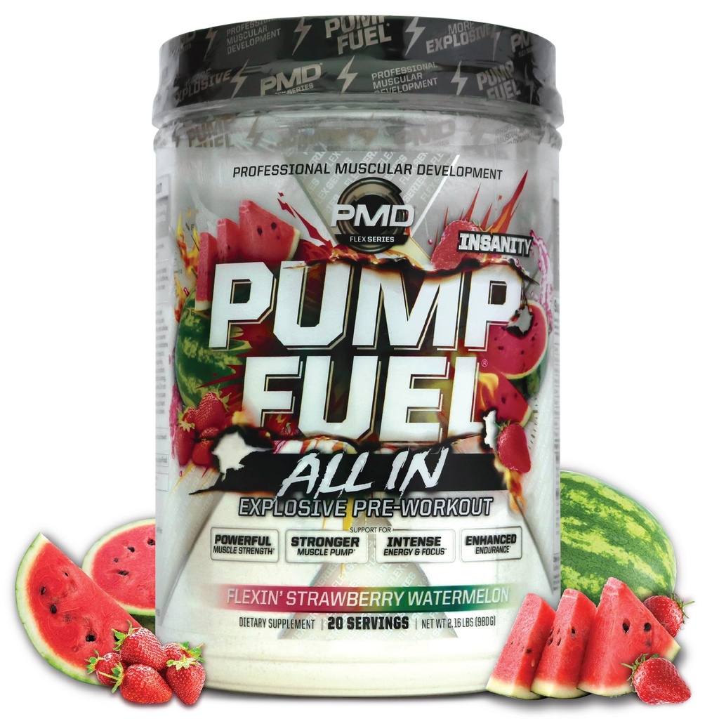 PMD Sportpumpe Kraftstoff Alles in Wahnsinn, Ultimate Pre Workout & Muskelpumpe, maximale Stärke Energie, Fokus, Ausdauer & Erholung, Kreatin & Beta Alanine, Flexin’ Erdbeerwassermelone (20 Servierungen)