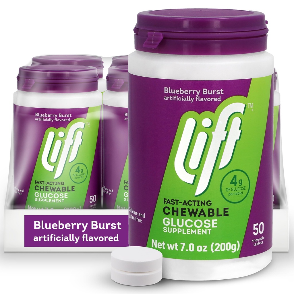 Lift Glucose | Fast-Acting Glucose Kaubare Energie Tabletten | Blueberry | 50 ct Jar (Pack von 6)