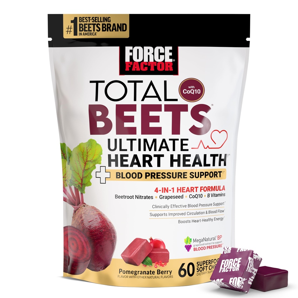 FORCE FACTOR Total Beets Ultimate Heart Health Chews for Blood Pressure Support, with Beetroot Powder, CoQ10, B Vitamine & Grapeseed Extract for Blood Flow & Energy, Pomegranate Berry, 60 Soft Chews