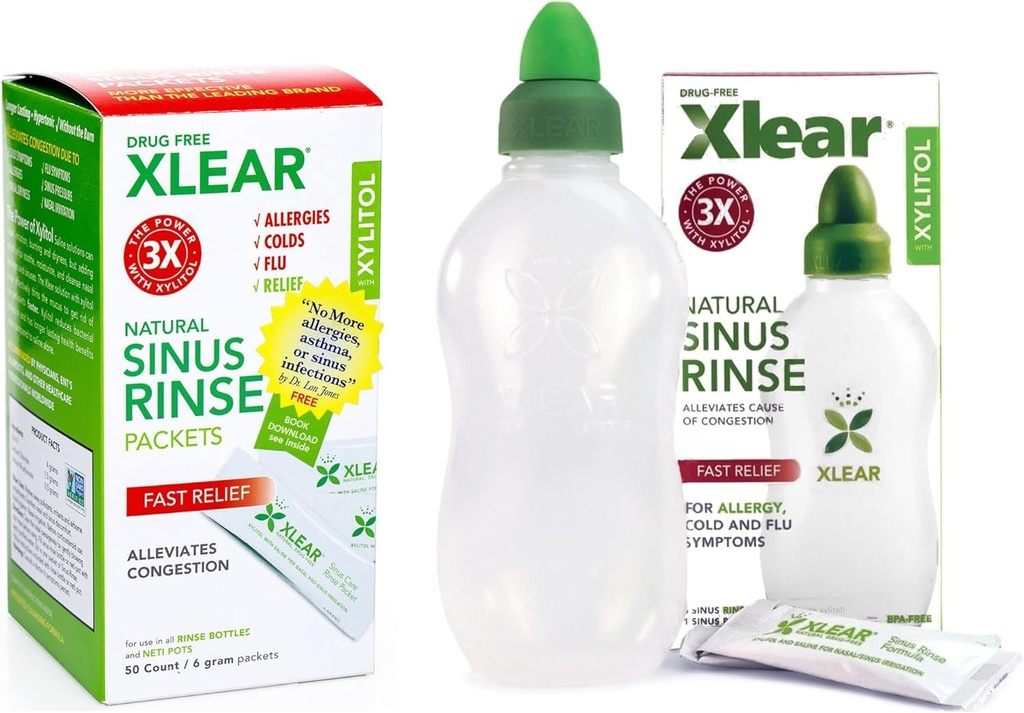 Xlear Natural Xylitol Sinus Rinse Refill, Neti Pot Saline Packets - Nasenreiniger für Schnelldruck und Stauhilfe, arbeitet mit den meisten Nasenbewässerungssystemen, 50 Zähler und 1 Rinse Bottle