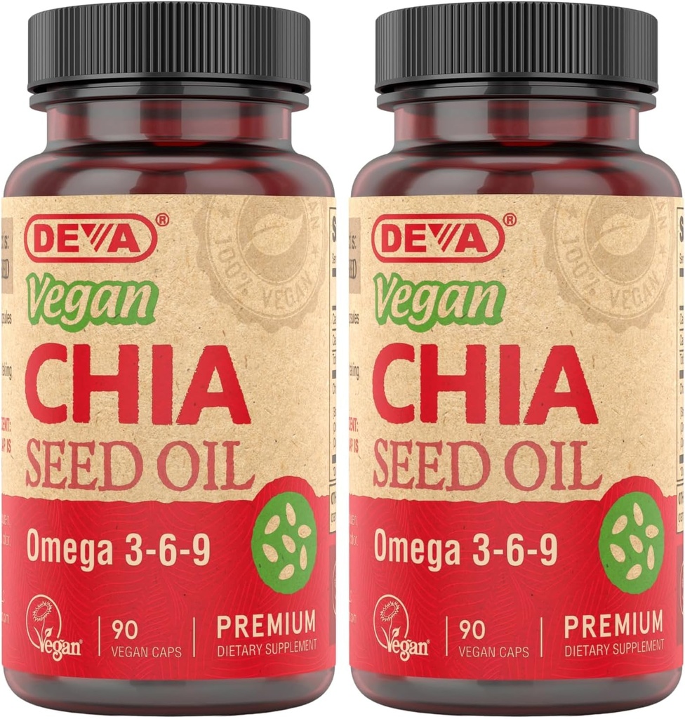 DEVA Vegan Vitamine Chia Seed Öl, verpackt mit Omega 3, 6, 9 & andere essentielle Fettsäuren, kalt-gepresst & unraffiert, 90 Kapseln, (Pack von 2)