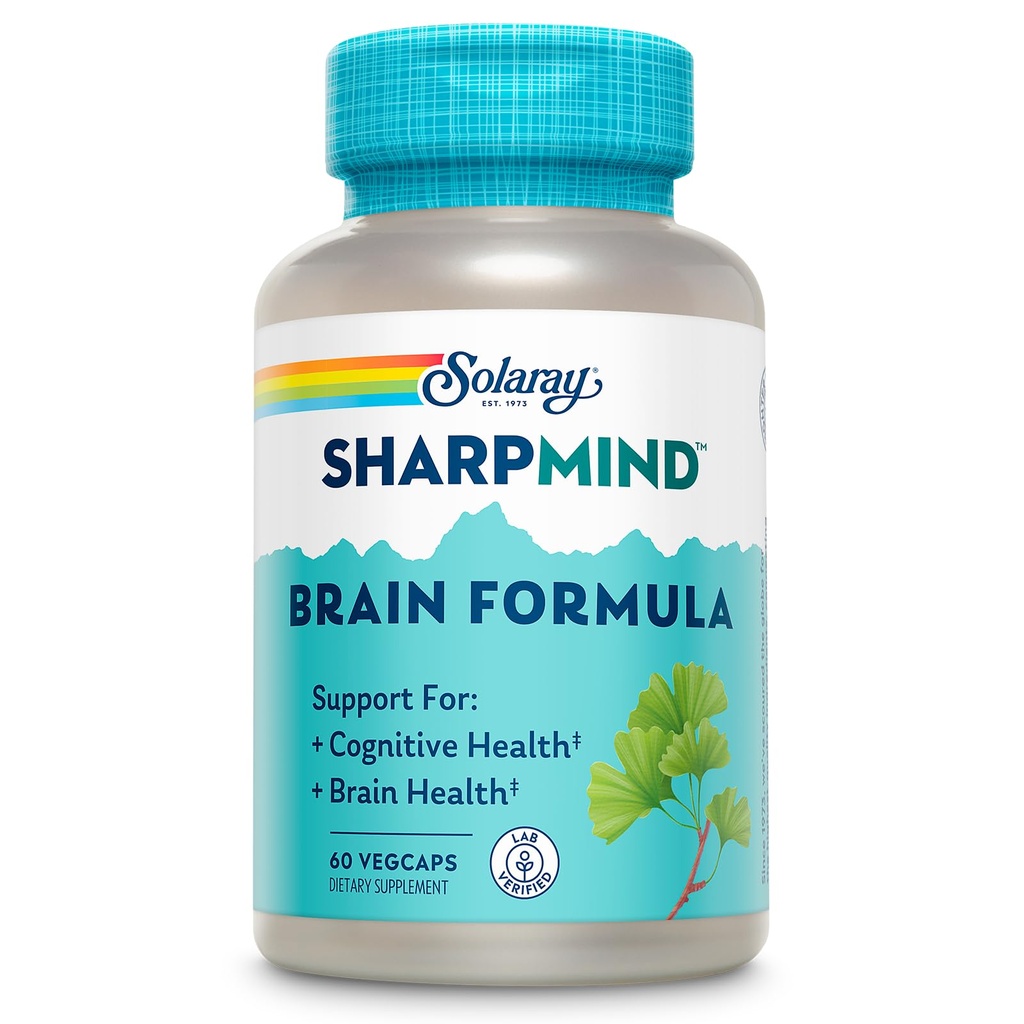 SOLARAY SharpMind Brain Support Formula - Nootropic Brain Supplements - Kognitive und Gehirngesundheitsunterstützung mit Ginkgo Biloba - 60-Tage Garantie, 60 Servietten, 60 VegCaps