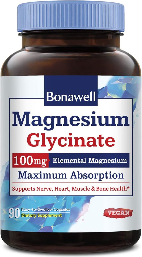 Bonawell Magnesium Glycinat, Chelat Magnesium Supplement, Maximale Bioverfügbarkeit & Absorption, keine Gluten, 100mg Elemental Magnesium, Nerve, Herz, Muskel Gesundheit & Entspannung, 90 Vegan Kapseln
