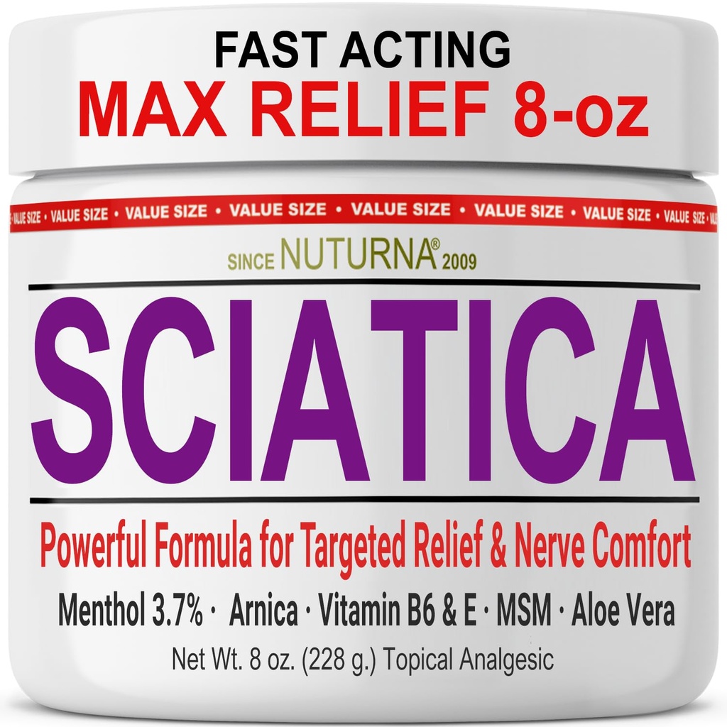 Sciatica Nerve Cream - Maximale Stärke Komfortcreme für Füße, Hände, Beine, Zehen, Rücken - Natürliche Ultrastärke Arnica, MSM, Menthol, Wohlfühlkomfort, Große 8 Oz