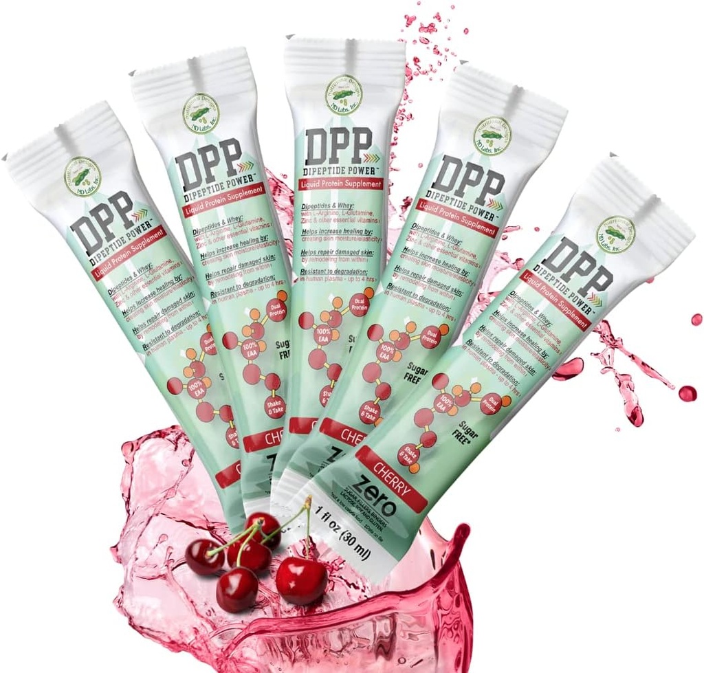 Ernährungsdesigns DPP Dipeptide Power Liquid Collagen & Whey Protein Supplement, Sugar-Free, fördert gesunde Haut und Haar für Männer & Frauen, Kirsche, Single Serve Packet, 1 Unze (25 Packungen)