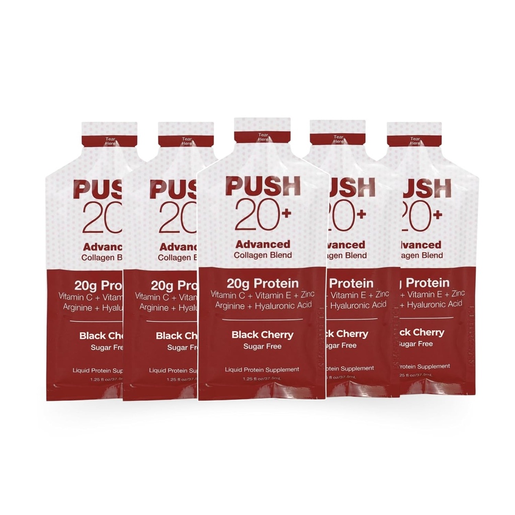 PUSH20+ Advanced Collagen Blend - Flüssiges Protein 20g pro 1,25 fl. oz - Schwarze Kirsche Flavor - Vitamin C, Collagen Peptides, Hyaluronsäure, Vitamin E & Best Liquid Collagen von Well Essentials