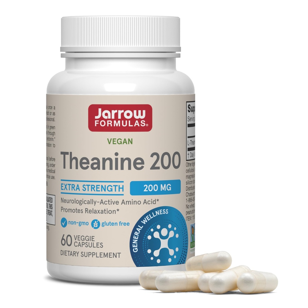 Jarrow Formulas Extra Strength L Theanine 200mg Nahrungsergänzungsmittel, die Entspannung fördert, Ergänzung zur Entspannung Unterstützung, 60 Veggie Kapseln, 60 Tage Versorgung