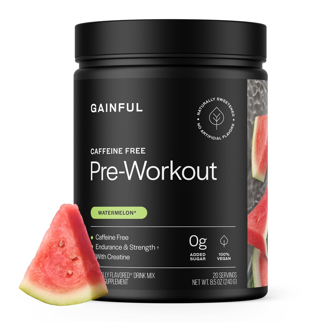Gainful Caffeine Free Pre Workout Pulver mit Kreatin, Wassermelone Flavor, unterstützt Stärke, Ausdauer, & Erholung, BCAAs, Beta Alanine, L-Citrulline, keine künstlichen Zutaten, 20 Servierungen